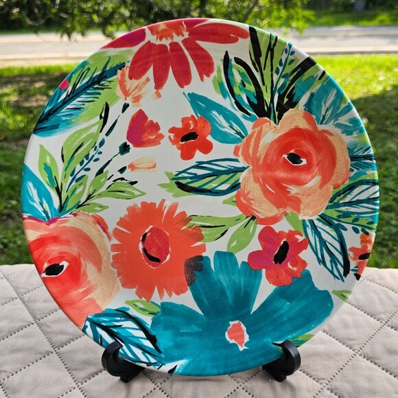 Nicole Miller Floral Melamine 11" Dinner Plate Pair Turquoise, Orange EUC - Picture 3 of 11